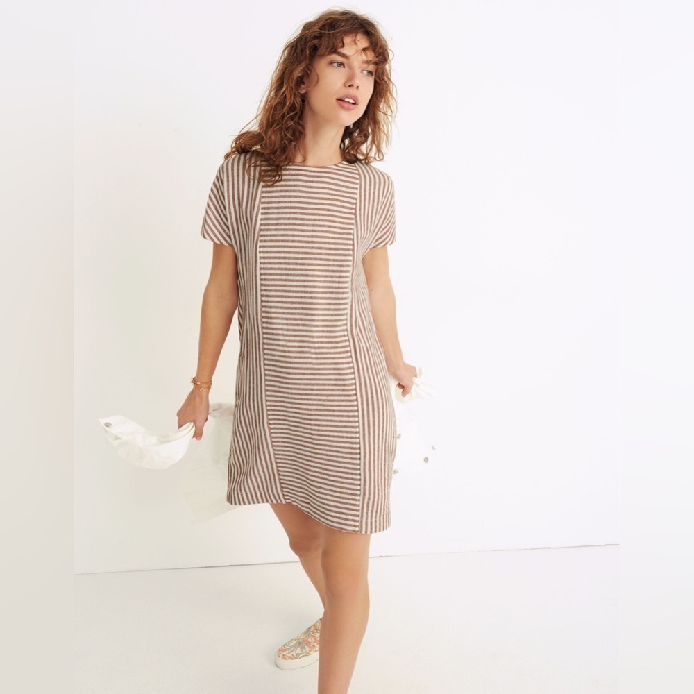 Madewell Stripe-Play Back Button Linen Blend Mini Dress | Brown Stripe | XXS